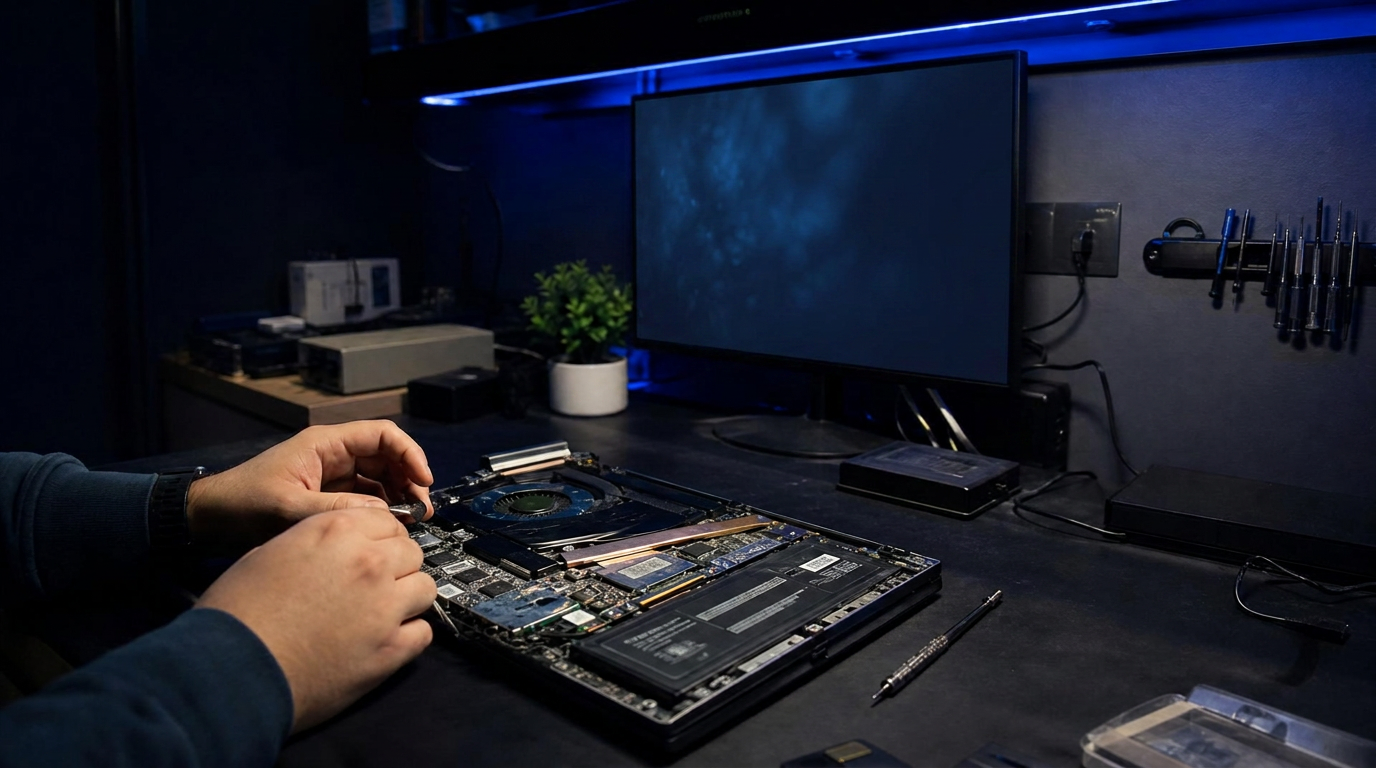 Close-up of a technician working on a laptop repair in a clean, navy-blue workspace with electric-blue accent lighting
